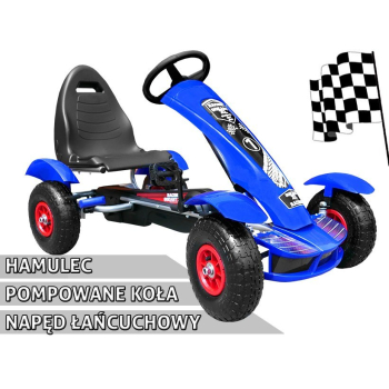 Gokart na pedały Racing XL dla dzieci 3+ Niebieski + Pompowane koła + Regulacja fotela + Wolny bieg